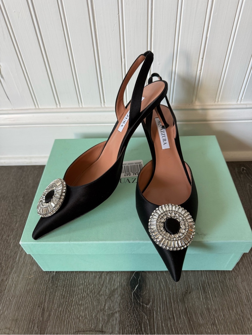 Aquazzura Crystal Hoop Sling 50 Black Satin Crystal Pumps Size 40 NEW - Picture 4 of 8